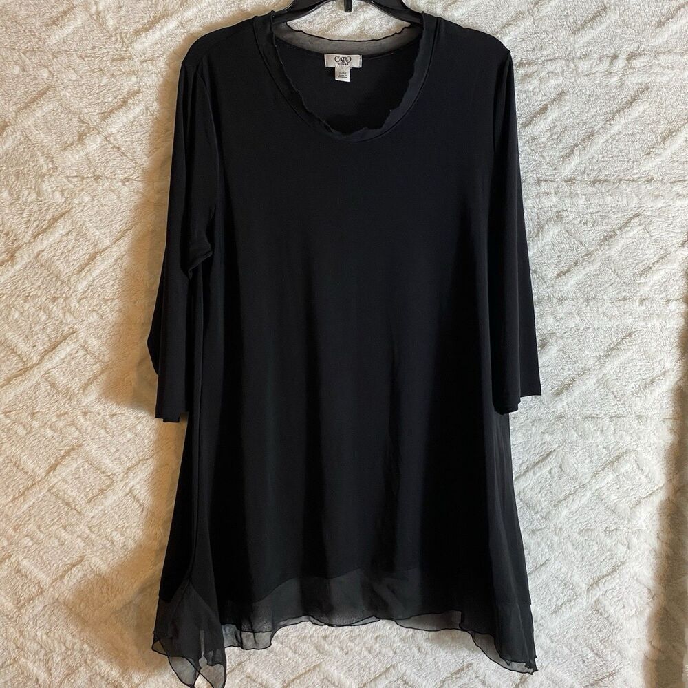 Cato Women Black 3/4 Sleeve Shirt Chiffon Trim 14/16